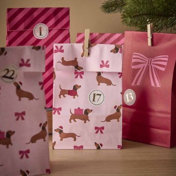 Adventskalender-Set, Tüten/Sticker, Dackel/rosa