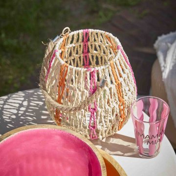 Laterne Bast, natur/pink/orange, 21 cm