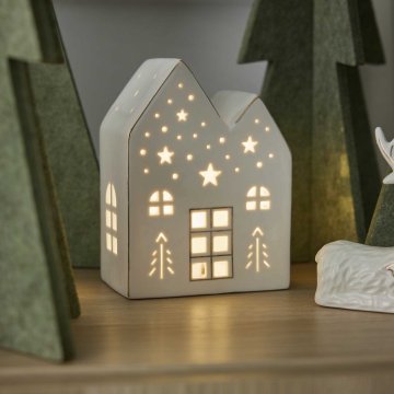 LED-Haus mit Goldrand, Sterne/Tanne, 15 cm