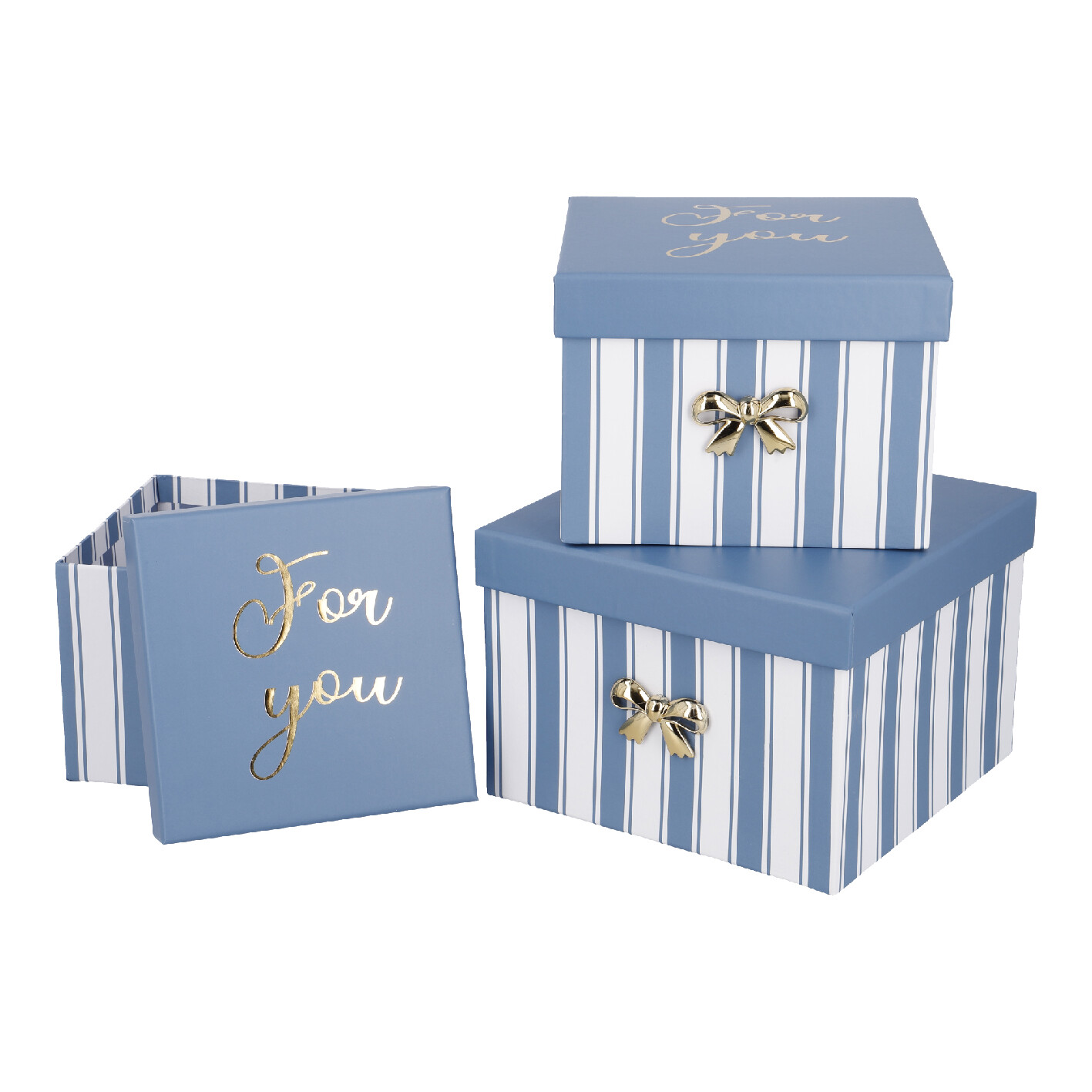3er Set Geschenkkarton Schleife/Streifen, For you/blau