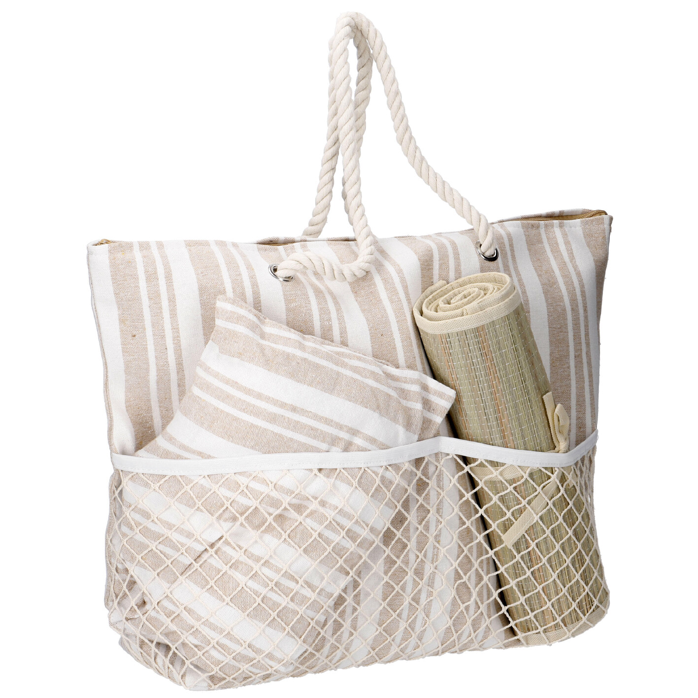 Strandtasche Netz mit Kissen und Matte, beige