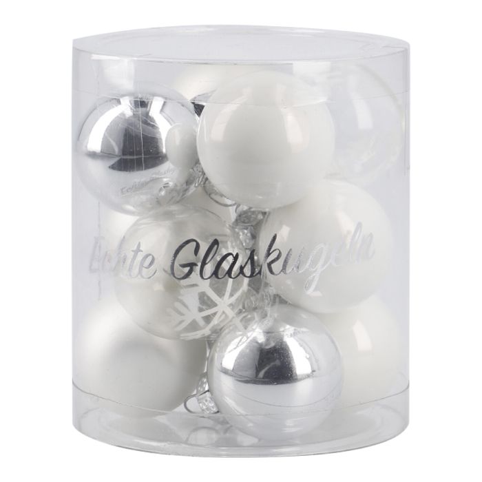 12er Set Weihnachtskugeln Glas, weiß/silber/frost