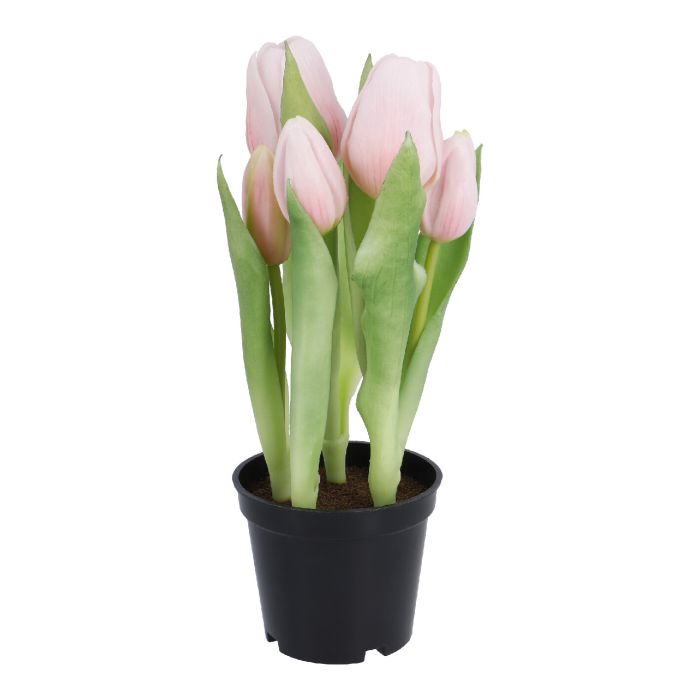 Kunstblume Tulpen im Topf, hellrosa - 25 cm