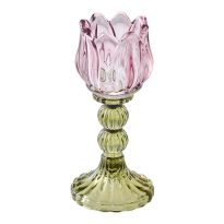 Teelichthalter Blume, rosa/dunkelgrün, 7.5 x 18 cm