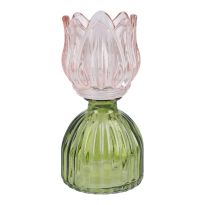Teelichthalter Tulpe auf Sockel, rosa/grün, 16 cm