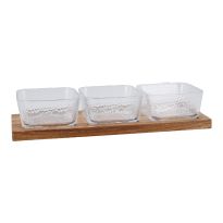 Glasschalen-Trio auf Holztablett, klar/natur