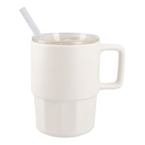 Henkelbecher mit Strohhalm, creme, 400 ml