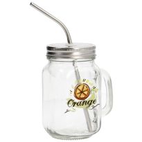 Schraubglas mit Trinkhalm, Dekor/Orange, 400 ml