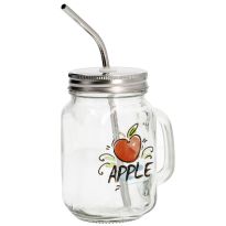 Schraubglas mit Trinkhalm, Dekor/Apfel, 400 ml