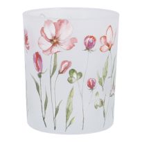 Windlicht Blumen, weiß/pink, 7 x 8 cm