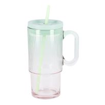 Trinkglas Rillen mit Strohhalm, grün/rosa, 650 ml
