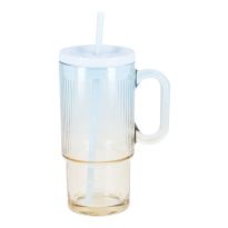 Trinkglas Rillen mit Strohhalm, blau/gelb, 650 ml