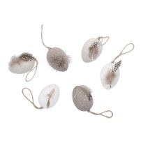 6er Set Deko-Eier Feder, weiß/creme/grau