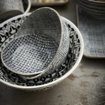Schale China, tief, schwarz/weiß, Goldrand, Striche