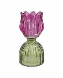 Teelichthalter Tulpe auf Sockel, pink/gr&uuml;n, 16 cm