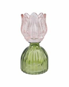 Teelichthalter Tulpe auf Sockel, rosa/gr&uuml;n, 16 cm