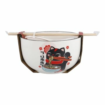 Schale mit Essstäbchen und Löffel, Katze/schwarz