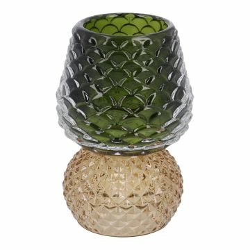 Teelichthalter Zapfen auf Fuß, dunkelgrün/hellbraun, 11 cm