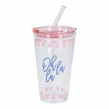 Glas mit Strohhalm, Spruch/Ohlala/pink, 400 ml