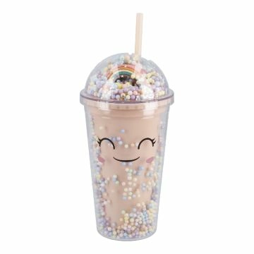 Becher Konfetti mit Strohhalm, pink, 350 ml