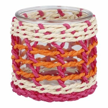 Windlicht Bast, natur/pink/orange, 10 x 10 cm