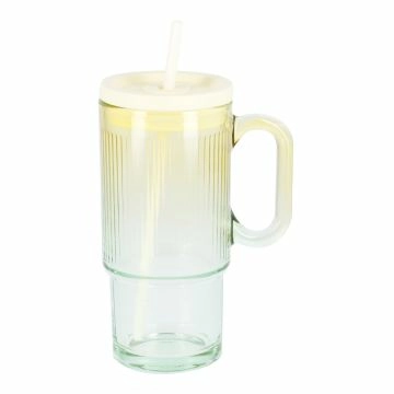 Trinkglas Rillen mit Strohhalm, gelb/grün, 650 ml