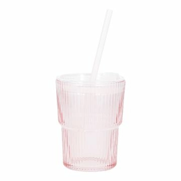Glas mit Strohhalm, Rillen/rosa, 400 ml