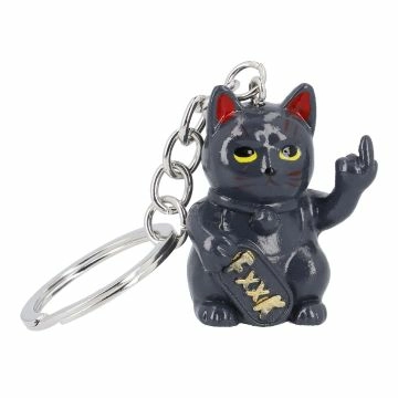 Schlüsselanhänger Katze mit Stinkefinger, schwarz