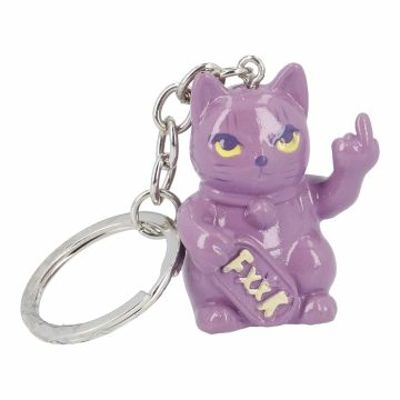 Schlüsselanhänger Katze mit Stinkefinger, lila