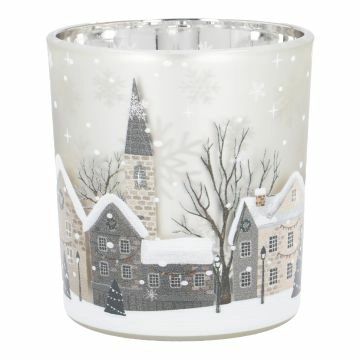 Teelichthalter Winter-Stadt, weiß/grau/braun, 7 x 8 cm