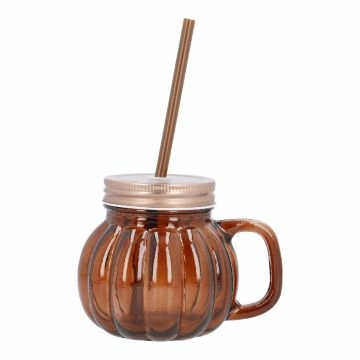Trinkglas mit Strohhalm, Kürbis/braun, 380 ml