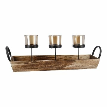 Teelichthalter-Trio auf Holztablett, 48 cm