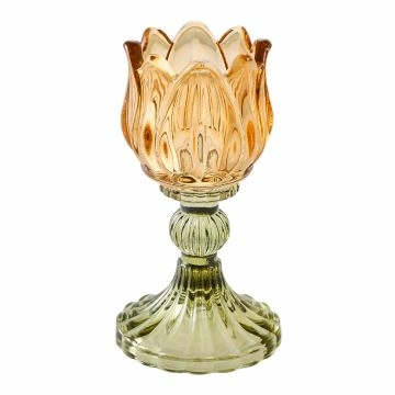 Teelichthalter Blume, orange/dunkelgrün, 7.5 x 14 cm