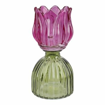 Teelichthalter Tulpe auf Sockel, pink/grün, 16 cm