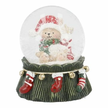 Schneekugel Teddy auf Socken-Girlande, Pulli/weiß, 7.5 x 9 cm