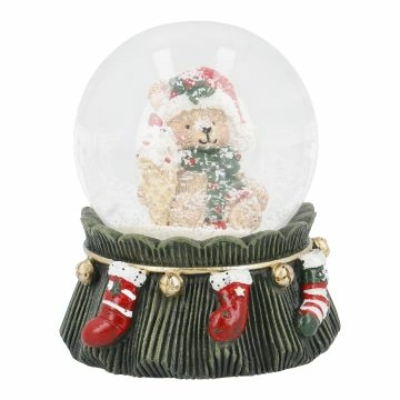 Schneekugel Teddy auf Socken-Girlande, Eis, 7.5 x 9 cm