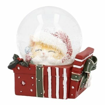 Schneekugel Katze auf Geschenk, braun, 8 x 8 cm