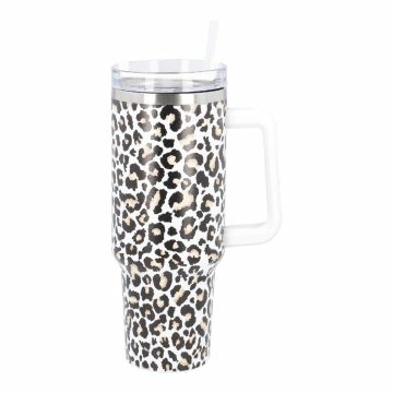 Iso-Becher mit Trinkhalm, Leo/weiß/schwarz/braun, 1.2 l