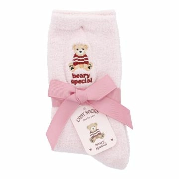 Kuschelsocken Stick-Motiv, Bär/rosa, Gr. 35-42