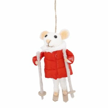 Anhänger Weihnachtstier, Maus/Ski, rot, 14 cm
