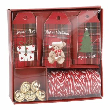 Geschenke-Set, karo-rot/weiß, Kordel/Anhänger/Glocke