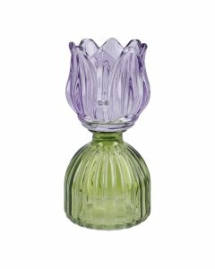 Teelichthalter Tulpe auf Sockel, lila/gr&uuml;n, 16 cm