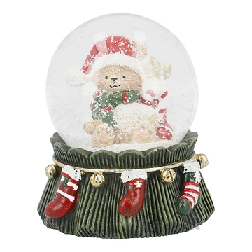 Schneekugel Teddy auf Socken-Girlande, Pulli/weiß, 7.5 x 9 cm