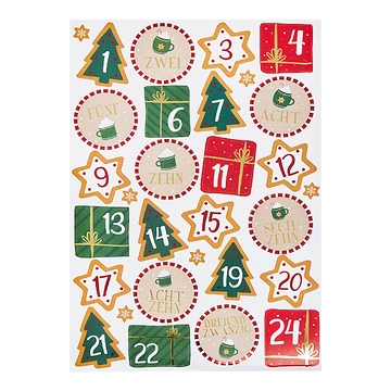 Adventskalender-Sticker, 24 Stk, Lebkuchen/rot
