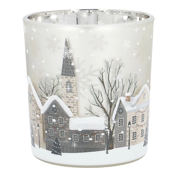 Teelichthalter Winter-Stadt, weiß/grau/braun, 7 x 8 cm