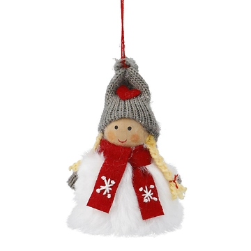 Anhänger Wichtel mit Schal, Mädchen/grau/rot, 11 cm