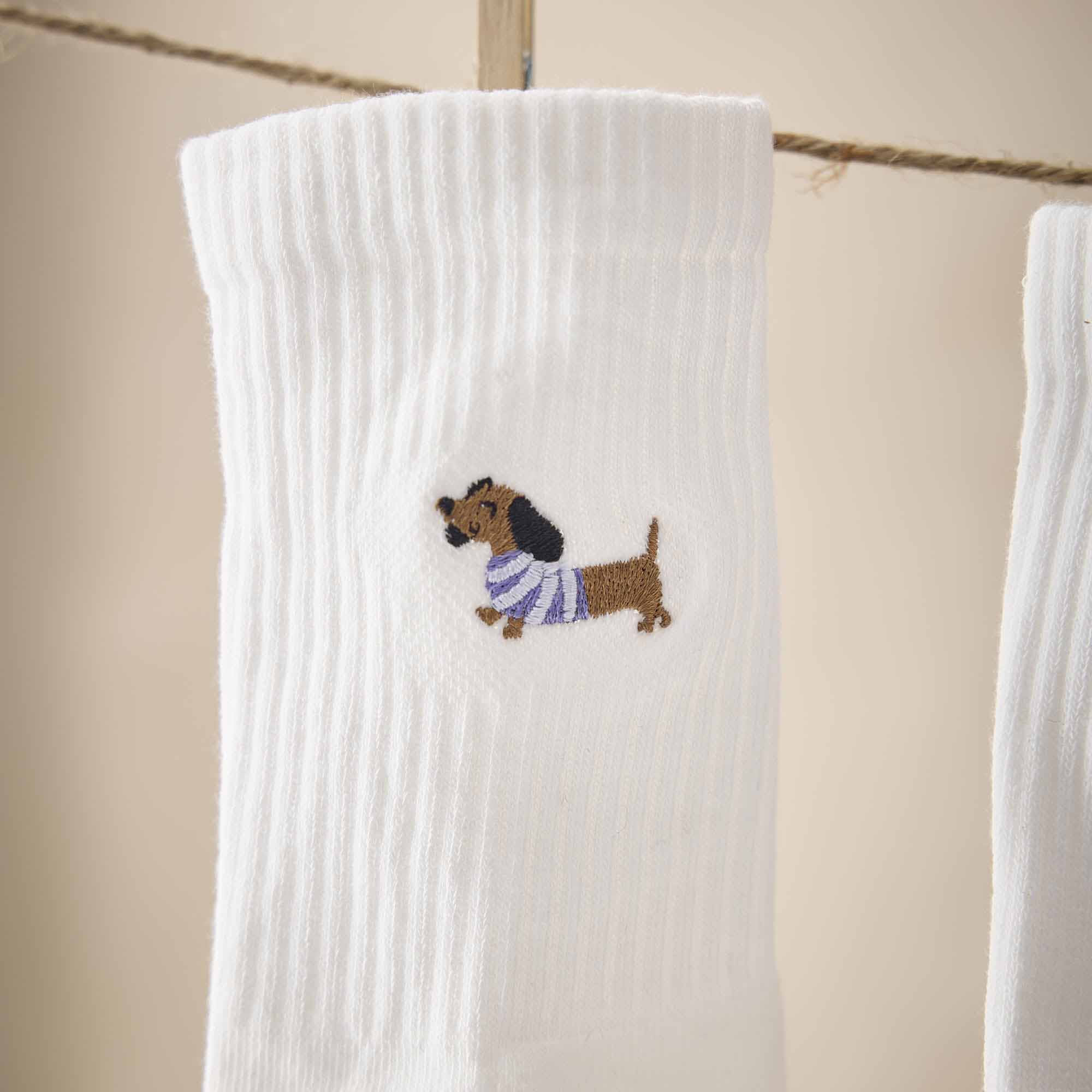 Socken Stick-Motiv, Dackel/blau, Größe 35-42