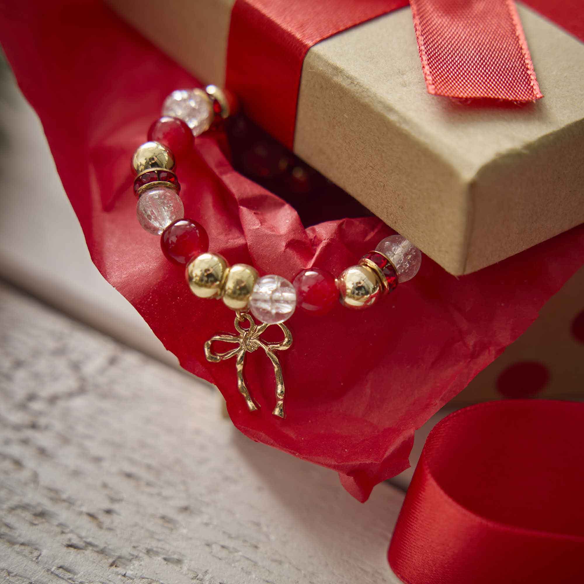 Armband Weihnachten, Perlen/rot-gold, Schleife