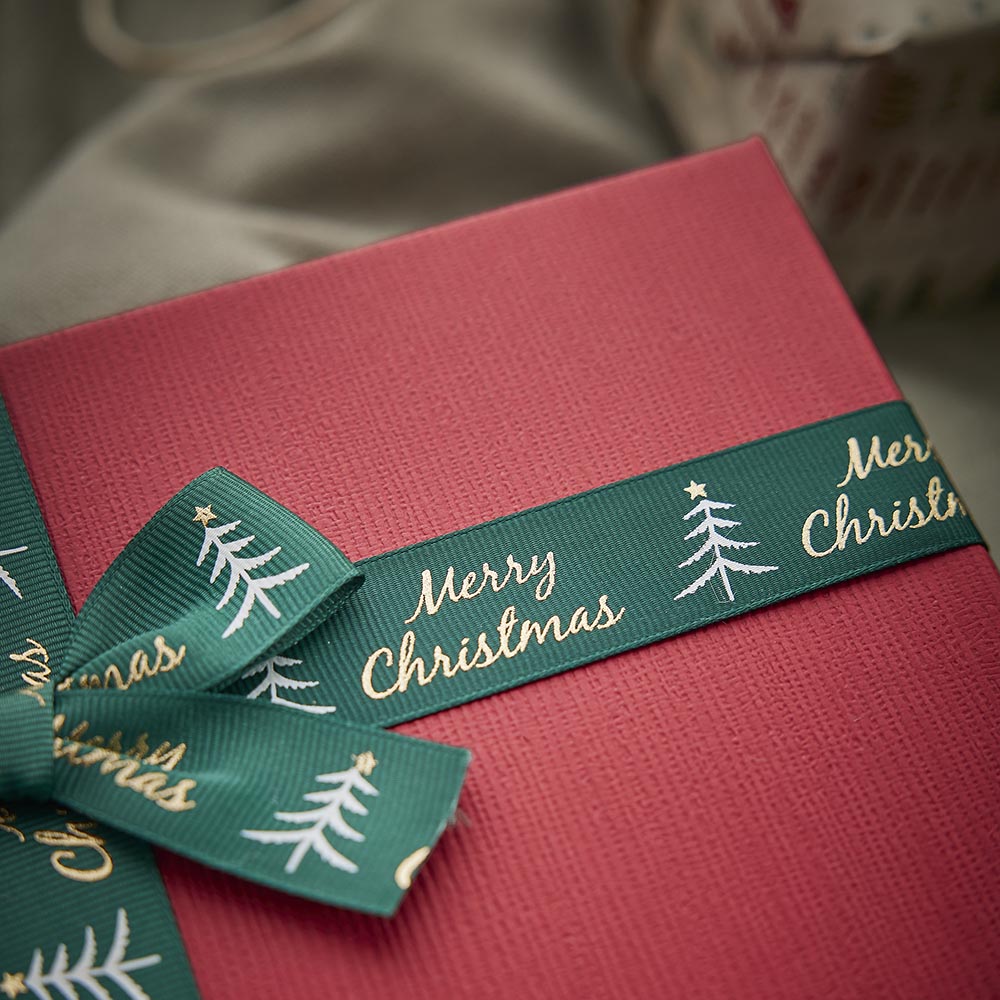 4er Set Geschenkkarton Schleife, dunkelgrün/rot