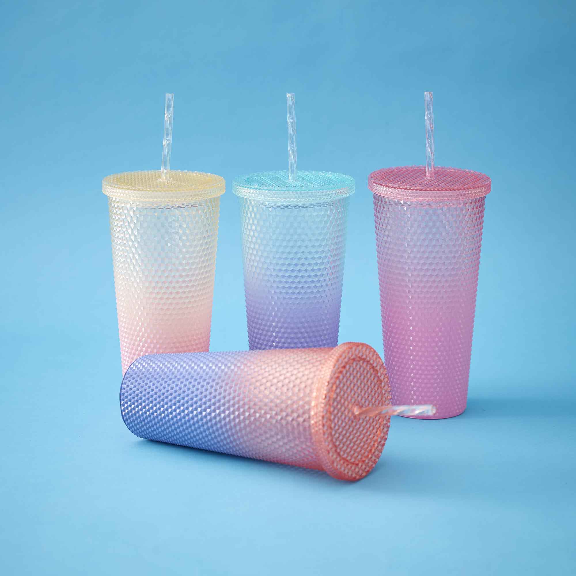 Becher mit Strohhalm, Struktur/rosa/pink, 650 ml
